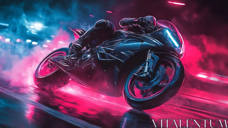 Neon sportbike slices through smoky cyberpunk highway night.