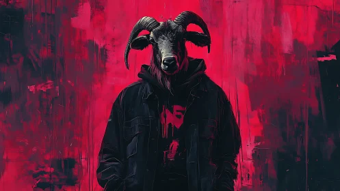 Horned humanoid silhouette stands before harsh crimson void