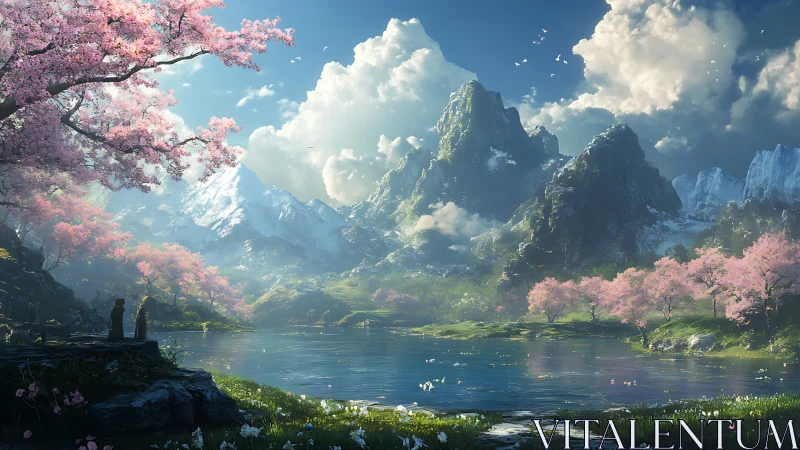 Serene cherry blossom valley beneath towering snow peaks.