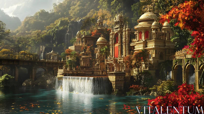 Riverside palace with waterfalls in dense autumn forest.