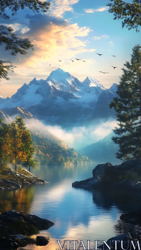 Snow-capped mountain range above reflective forest lake.