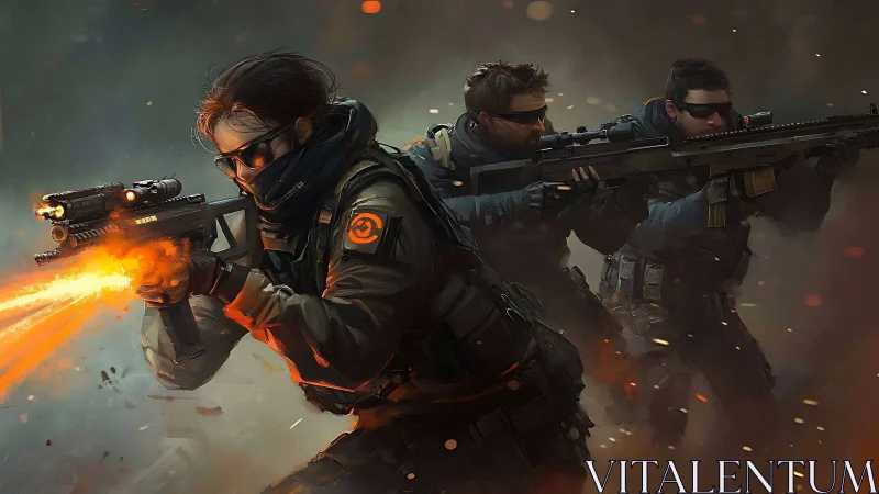 Squad of futuristic soldiers charging into blazing action.