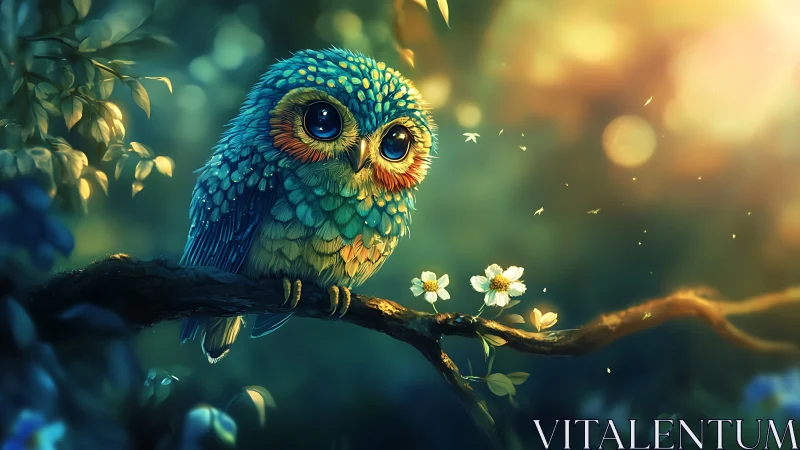 Vibrant fantasy owl on branch in glowing forest, digital art style.