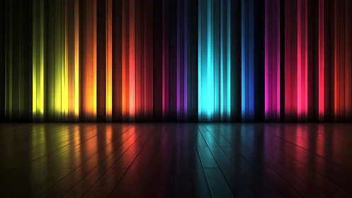 Vertical color bands illuminate reflective wooden floor surface