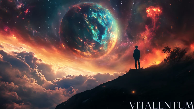 Wonderstruck traveler gazes at a glowing cosmic world above