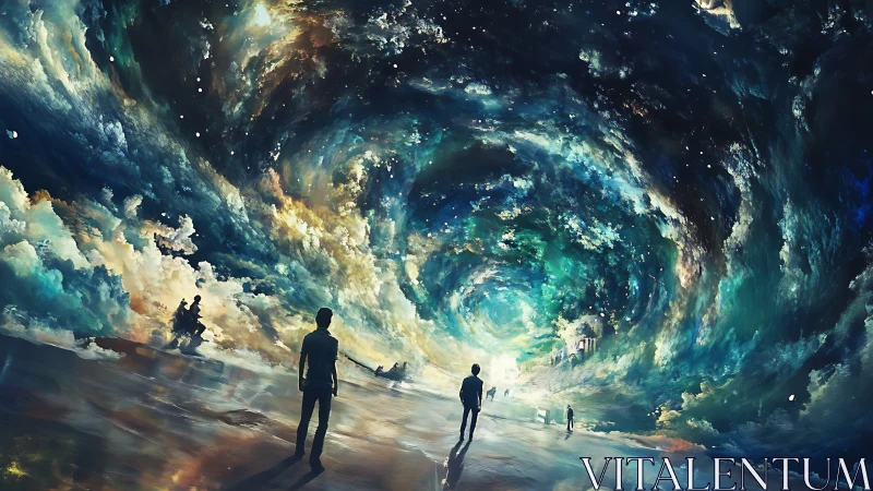 People stand beneath a swirling celestial vortex in sky