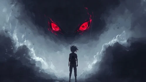 Backlit anime silhouette confronts colossal red-eyed storm entity