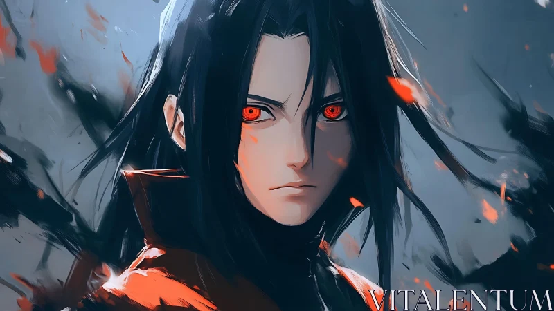 Crimson-eyed anime warrior in dynamic digital chiaroscuro.