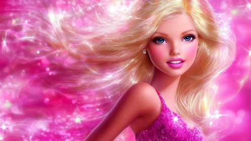 Sparkling blonde doll smiles in a dreamy pink fantasy glow