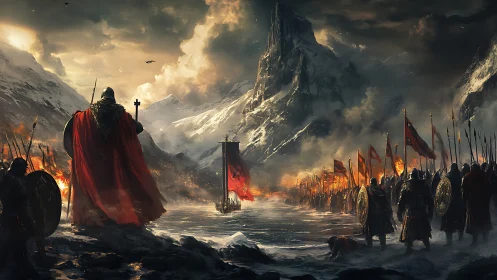 Armored warriors observe a burning coastal approach in snow