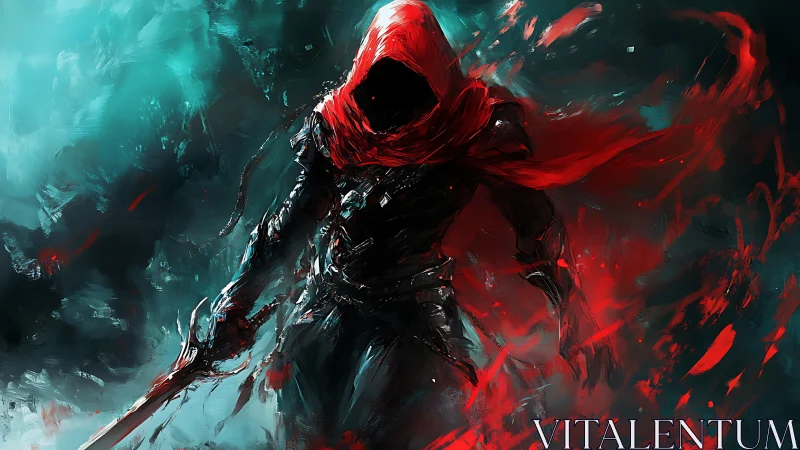 Hooded blade warrior strides through swirling crimson storm