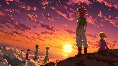 Sunset journey above clouds with contemplative anime heroes.