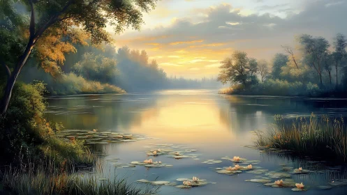 Dawnlight drifts across a misty lily lake of quiet gold.