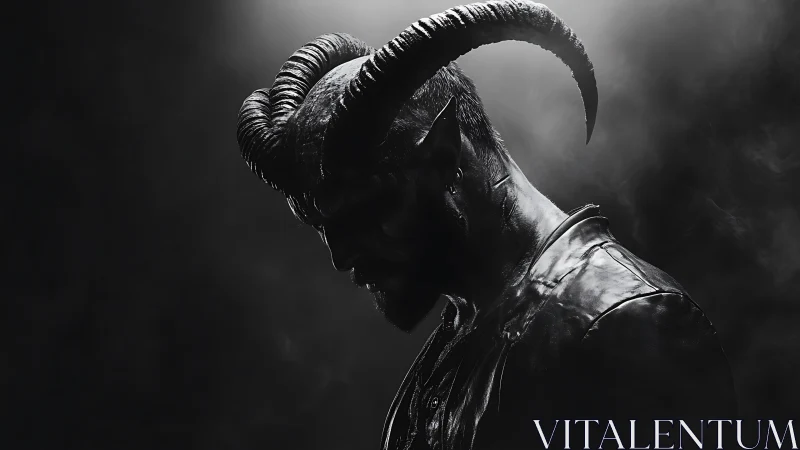 Side profile of horned humanoid figure in low key lighting