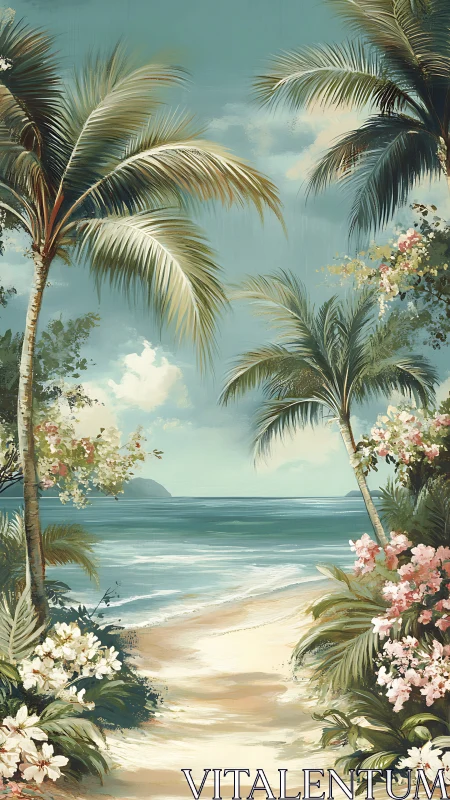 Tropical shore path framed by palms and pastel blooms.