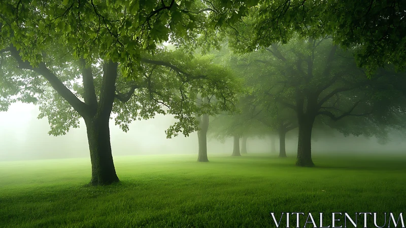Misty parkland with evenly spaced mature green trees.
