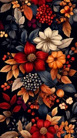 Autumn Botanical Composition: Multi-layered Floral Arrangement on Noir Field.