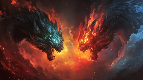 Opposed elemental wolf forms in red and blue energy field.