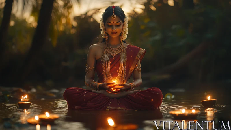 Riverlit meditation with a serene woman in glowing diyas.