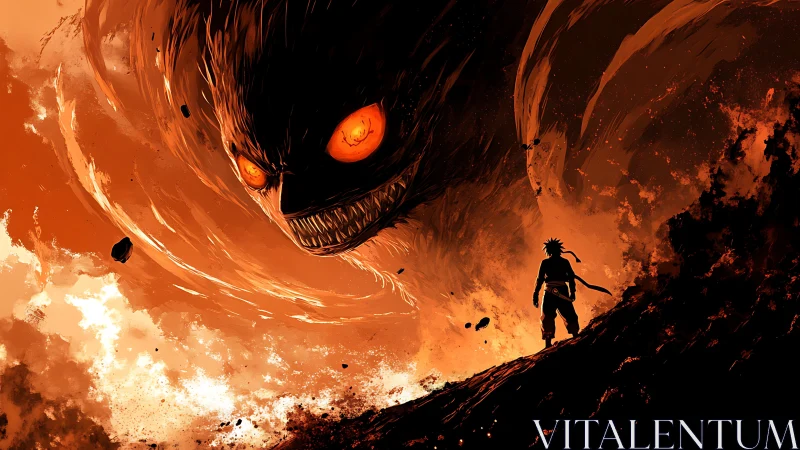 Lone warrior confronts colossal fiery demon in erupting abyss