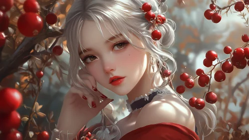 Silver haired woman poses among red berries in soft light