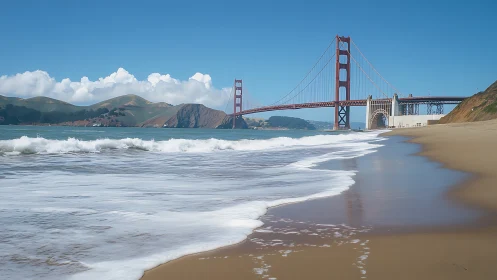Golden Gate Bridge viewed from quiet sandy shoreline.