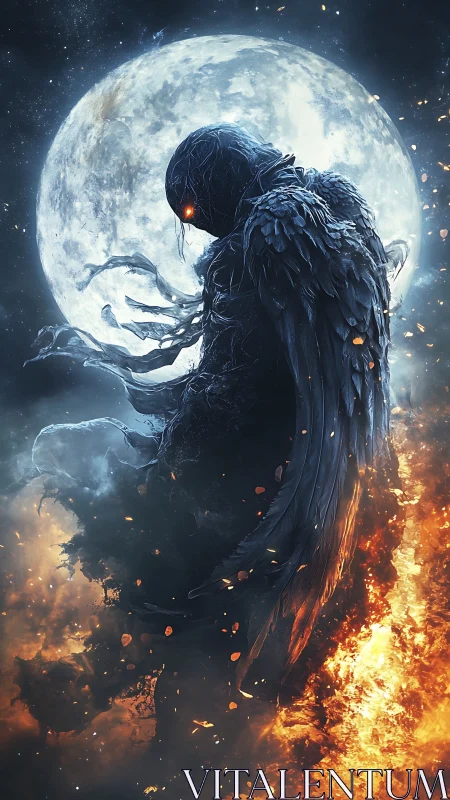 Winged shadow figure before moon with fire and smoke.