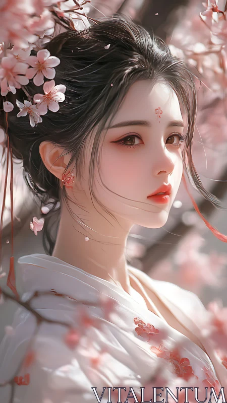 Gentle spring maiden surrounded by soft cherry blossoms.