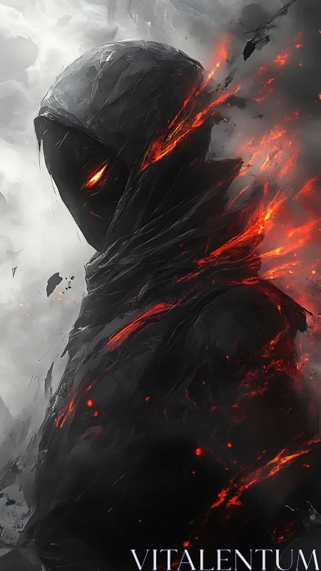 Hooded ember wraith rises through smoke and molten ash.