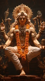 Seated multi-armed deity statue is rendered in warm lighting