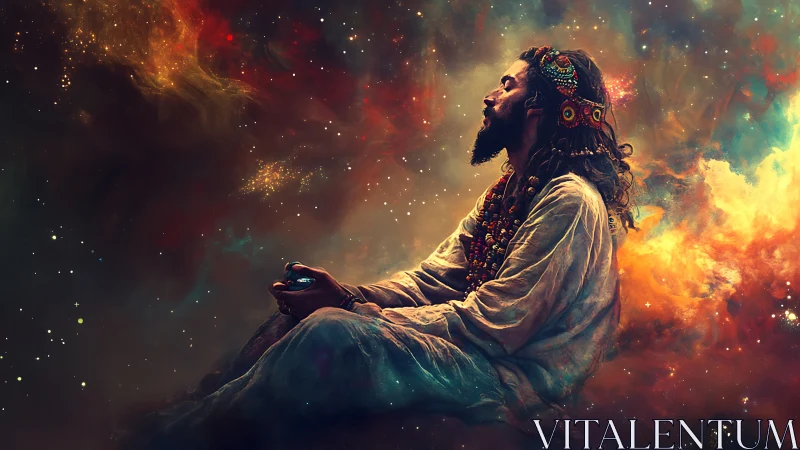 Digital painting of cosmic mystic in luminous nebula field.