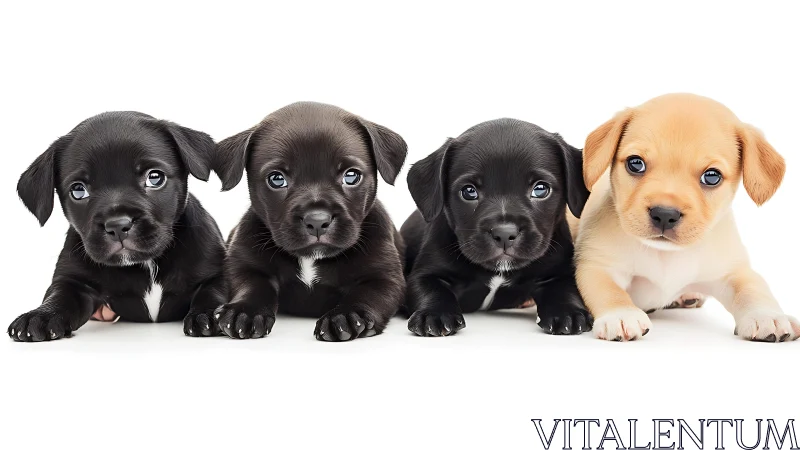 Four small mixed-color puppies lie facing forward on white