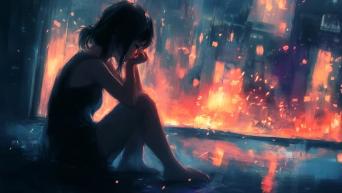 Silhouetted figure beside burning cityscape at night.