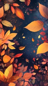 Glowing autumn leaves drifting gently across a twilight sky.