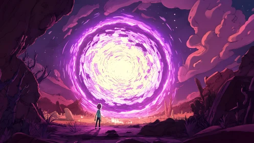 Vibrant magenta vortex portal illuminates stylized alien canyon