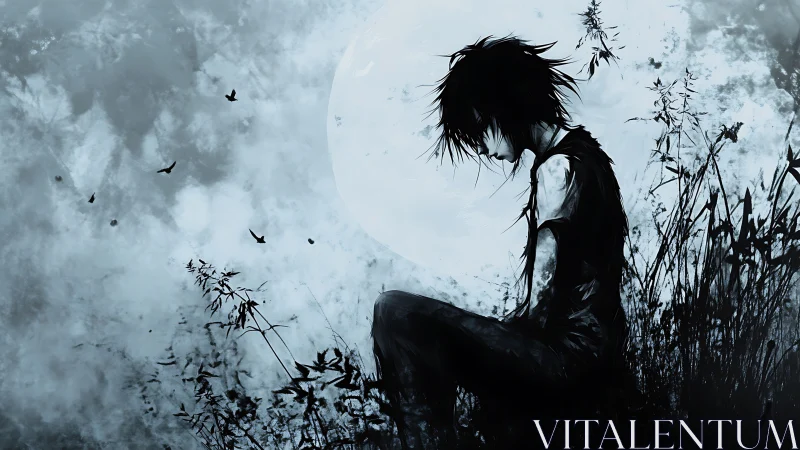 Moonlit silhouette rests quietly in a soft, lonely night