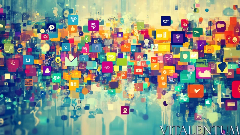 Colorful digital app icons form dense abstract data stream
