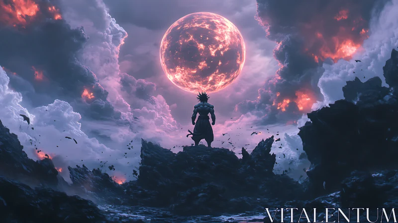 Warrior Silhouette Before Volcanic Celestial Sphere Storm.