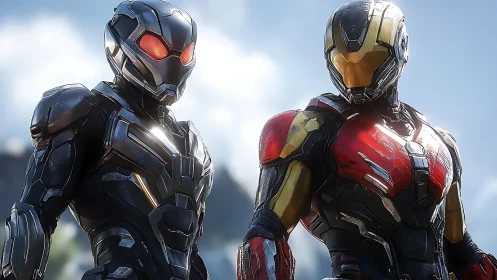 Dual armored exosuits with reflective plating in daylight scene