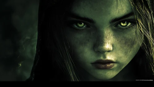 Intense green-eyed girl in hooded cloak, dark moody portrait.