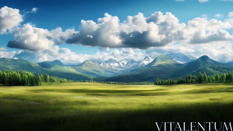 Sunlit alpine meadow stretches before distant snow peaks