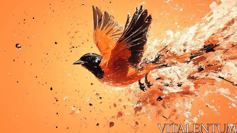 Paint-splashed songbird explodes into radiant orange flight