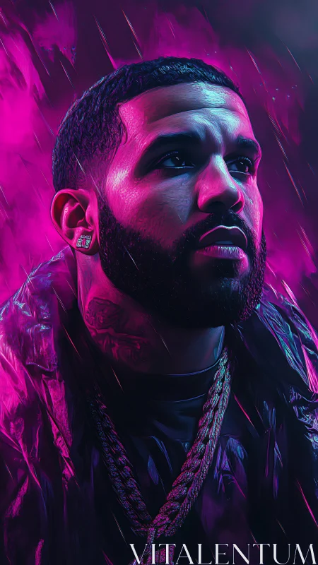 Neon-lit male portrait with dramatic rain effects and chains