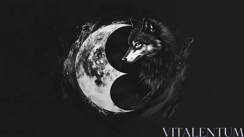 Lone wolf silhouette fused with crescent moon sphere.