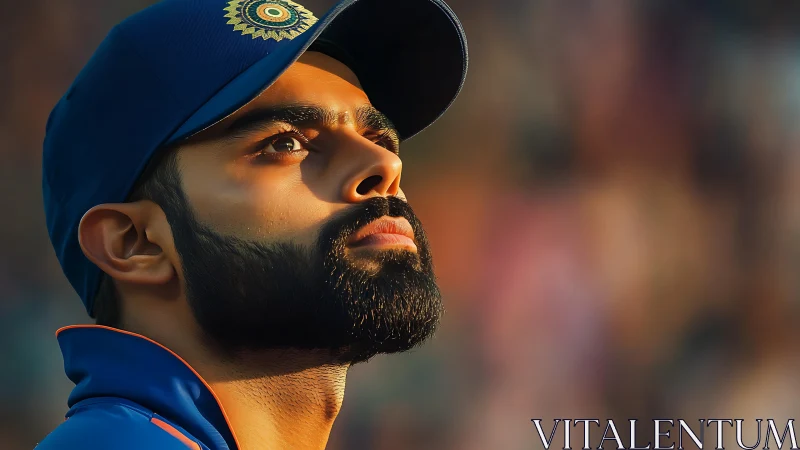 Cricket player portrait under warm stadium sunset light.