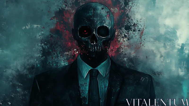 Corporate reaper quietly studies mortals through a crimson lens