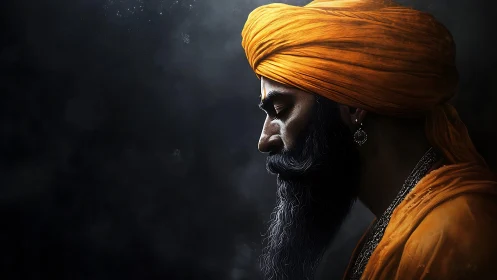 Side lit profile portrait of turbaned man in saffron robes