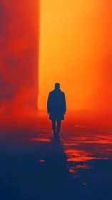 Silhouetted wanderer before blazing abstract portal.