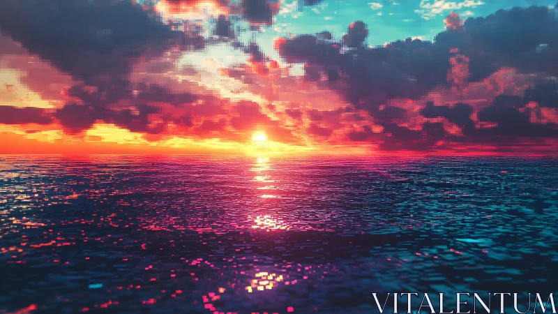 Neon pixel seascape under radiant cyber sunset glow.