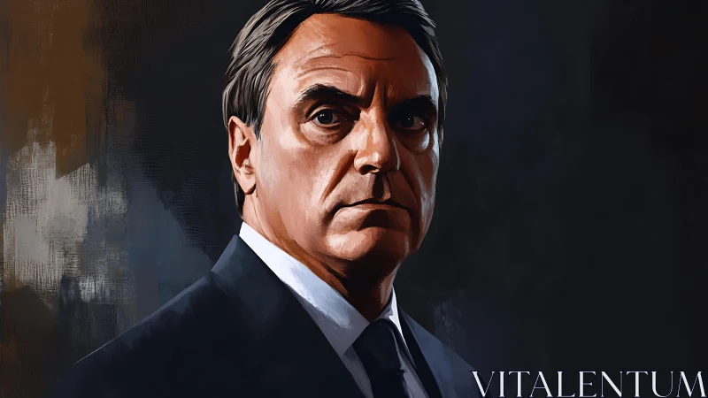 Confident suited man in a boldly lit painted portrait.